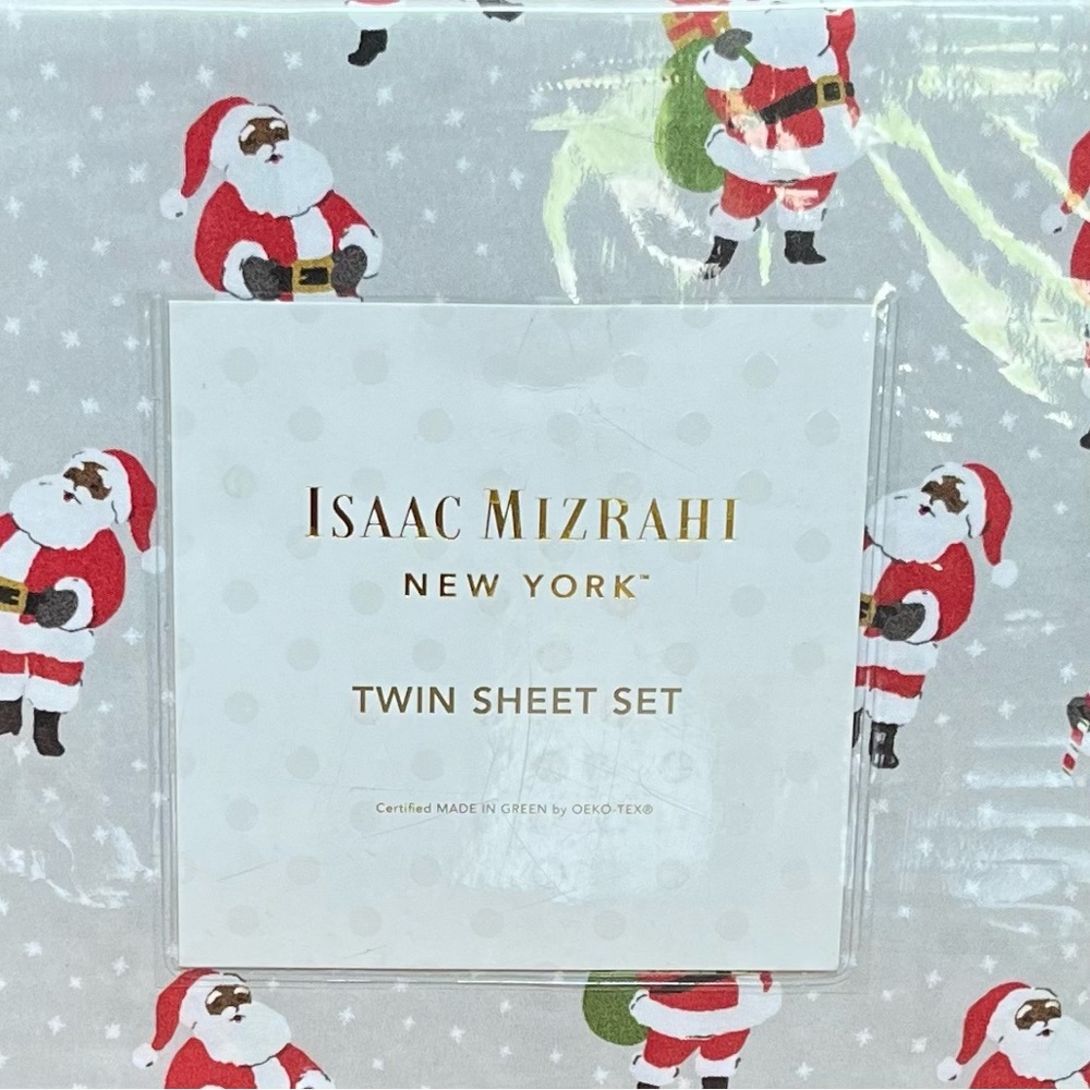 ISAAC MIZRAHI TWIN SHEET SET AFRICAN AMERICAN SANTA PRINT - Picture 3 of 3